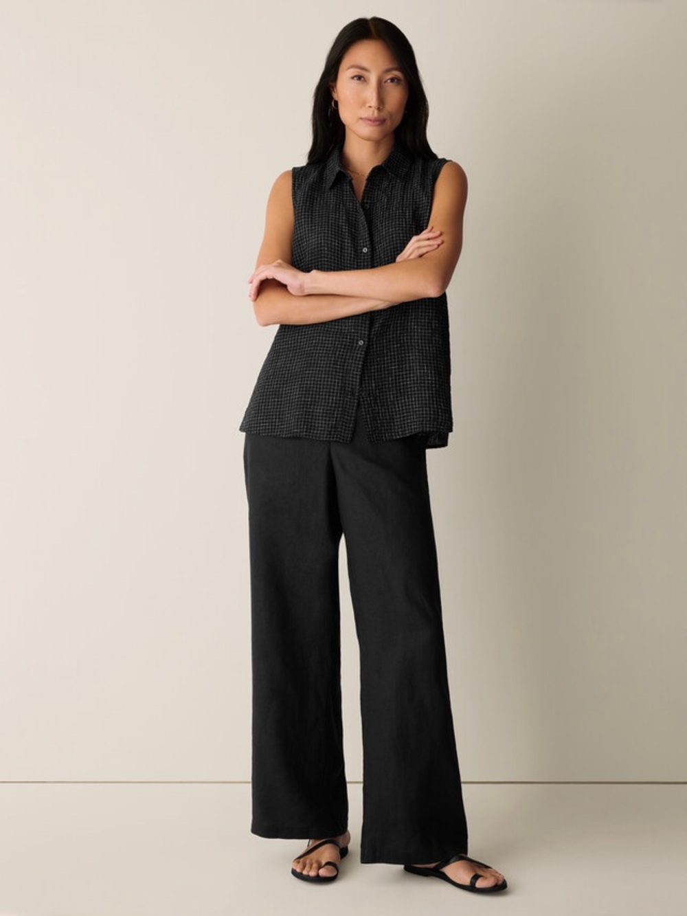 Eileen Fisher Black Sleeveless Grid Button-Front Shirt